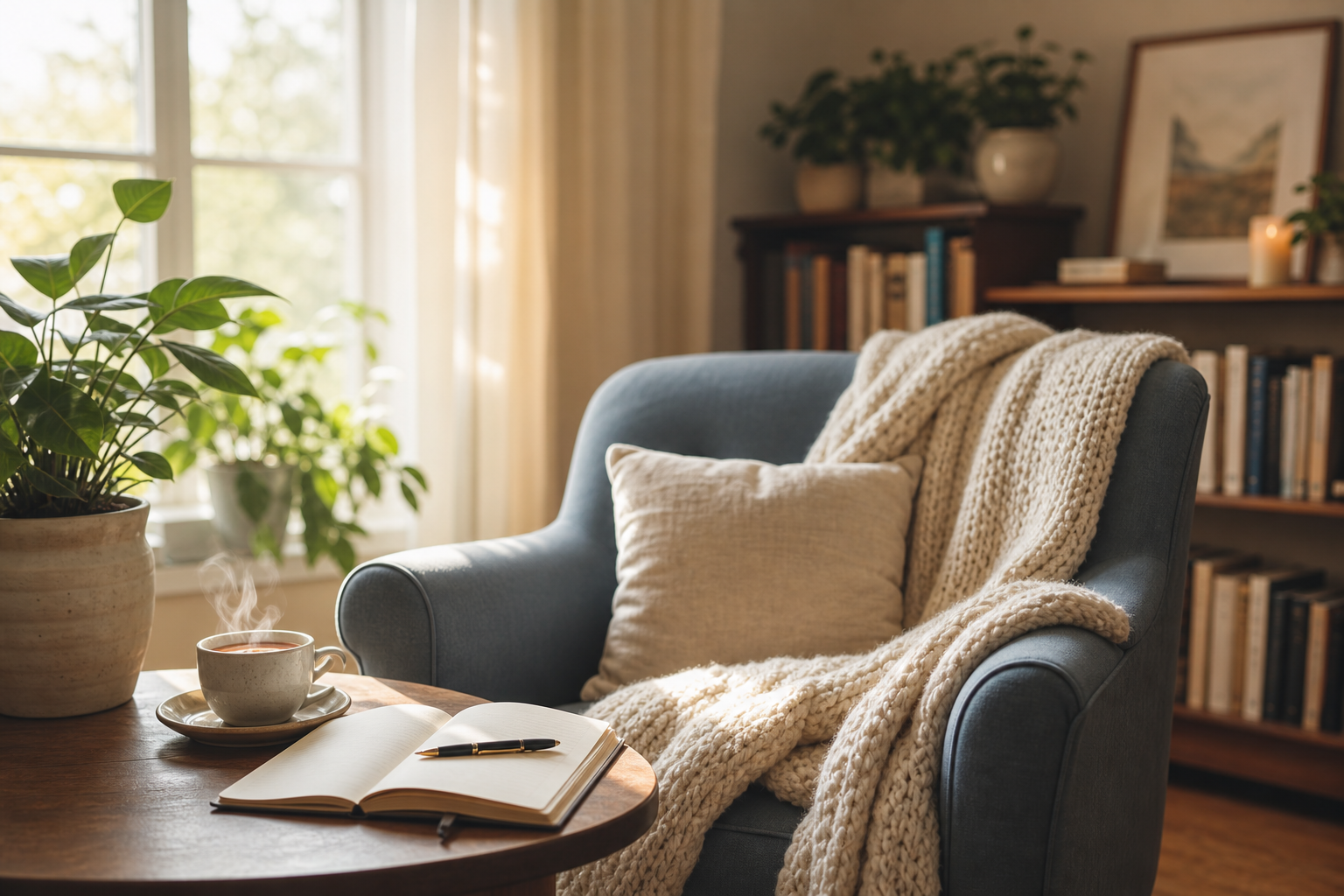 Sunlit Room with Cozy Armchair and Potted Plants